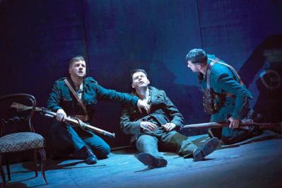 Ian-Lloyd Anderson, Lloyd Cooney and Liam Heslin in the Abbey Theatre production of Sean O’Casey’s “The Plough and the Stars,” playing the American Repertory Theater from September 24 to October 9. Ros Kavanagh photo